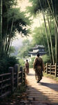 黄昏的竹林中，走在小路上的中国古代旅行者。