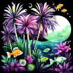 绿色水彩条纹椰树紫色花朵水彩鱼排列