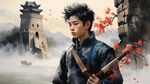 东方少年，穿着中国鸳鸯服，背景是中国长城，手里拿着绣春刀