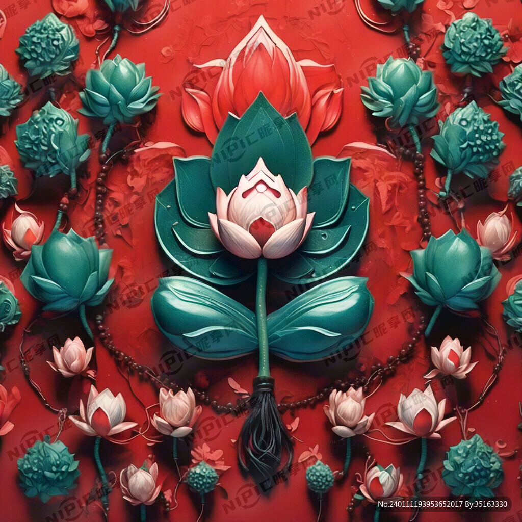 红色的背景 莲花和佛珠