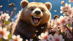 熊  二次元  春天  桃花  近景  笑  充满阳光  蜜蜂  插画  色彩明快