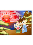 水彩牛矢量风景画插画