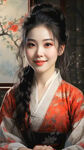 小龙女，大大的眼睛，丸子头发，中国古代风格，红色衣服，正脸，微笑着。看到手，坐在椅子上。