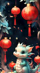 春节，可爱龙，唯美红色，红灯笼，高清，创意构图，概念插画，明亮背景