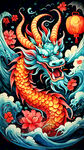 新年国潮过年新春除夕中国风插画国潮卡通龙，新春春节过年除夕龙年国潮卡通手绘中国风龙