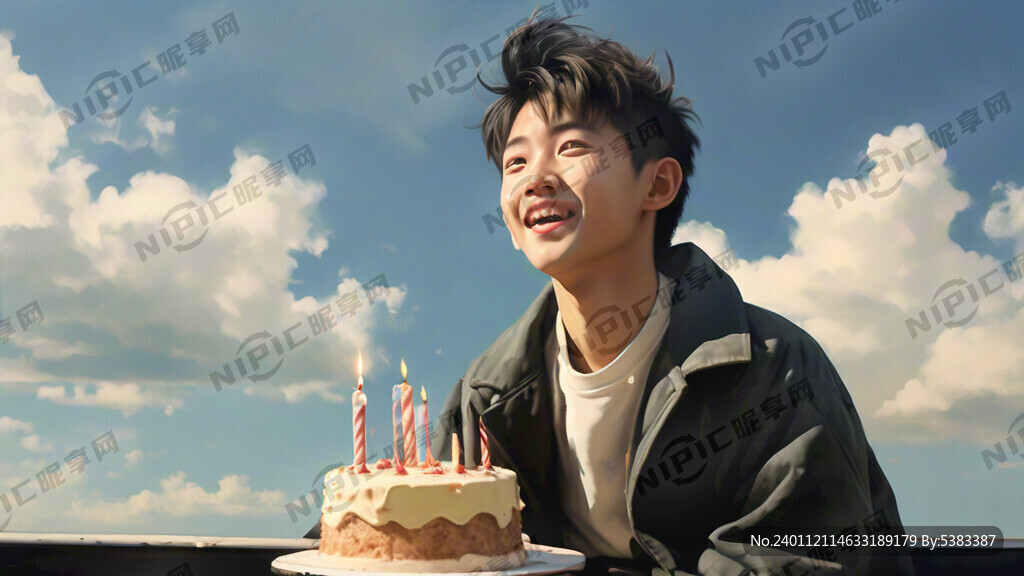 生日蛋糕 小男青年 蓝天白云
