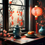 春节，窗户，贴福字剪纸，桌子上有灯笼，喜庆氛围，暖色调，高清画质
