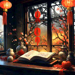 春节，窗户，福，桌子上有灯笼，喜庆氛围，暖色调，高清画质