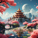 游戏梦幻唯美新中式风景，超高清，细节刻画，沐浴在花瓣里满天花瓣，飘渺电影般环境，明亮清晰