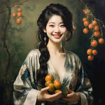 手拿青枣的仕女，空华丽衣服，微笑着的