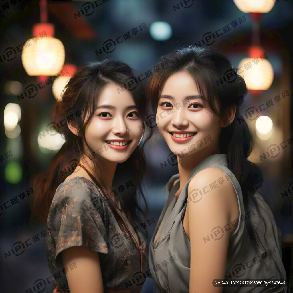 两个微笑的东方现代美女  闺蜜
