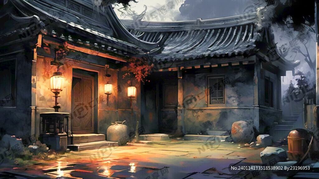古代老宅 破旧 阴森 晚上