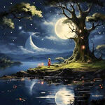 湖水   精灵   大树    夜色    月亮