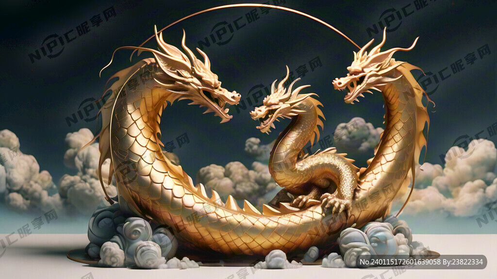 云中围绕圆球的许多金色的龙