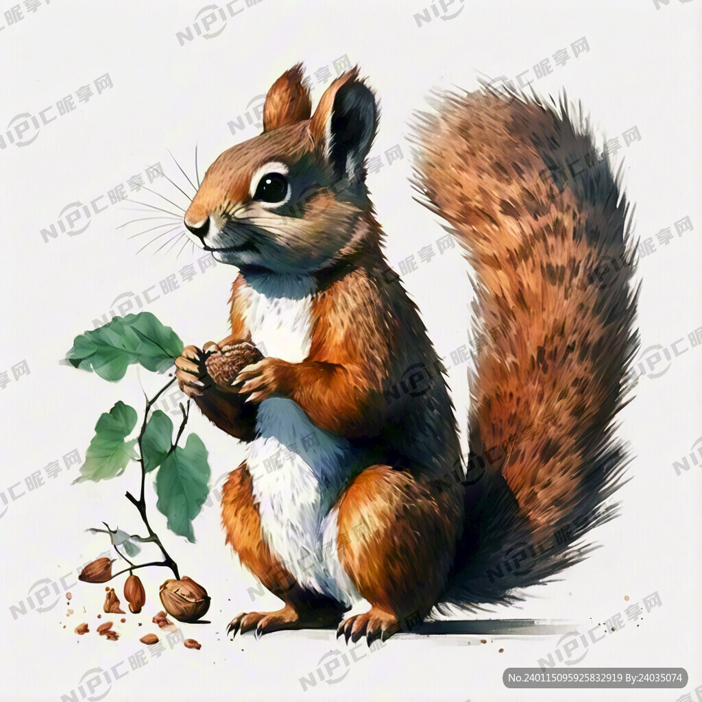 中国服饰松鼠 手拿坚果 白底