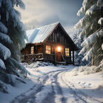 冰雪世界，雪山，松树，亮灯的木头房子