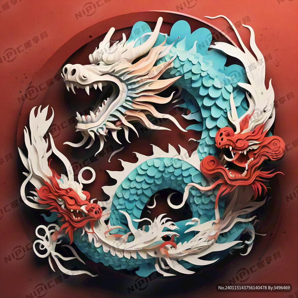 红色背景剪纸龙 扁平风 平面