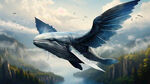 带翅膀的蓝鲸，占据屏幕五分之一即可，振翅高飞，背景云雾环绕，俯瞰山水，气势恢宏，天蓝色天空