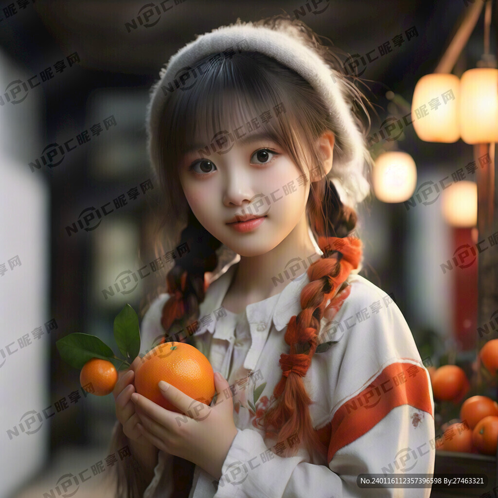 可爱女孩拿着橘子 全身 可爱