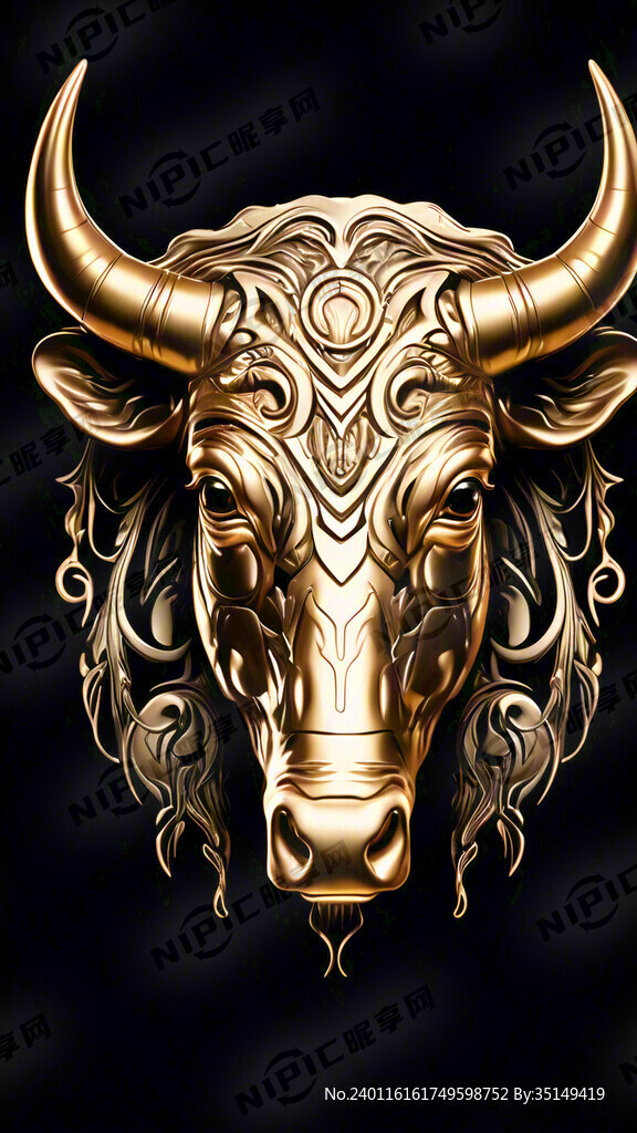 牛头配金色牛角侧面图背景黑色