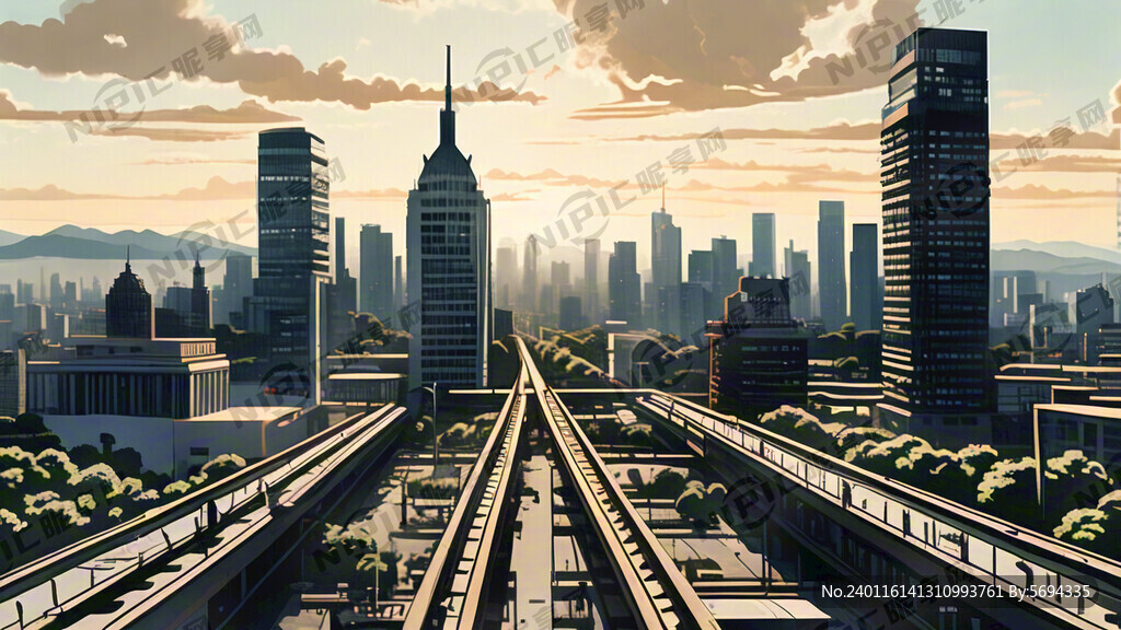 城市全景 高楼大厦 前景高铁