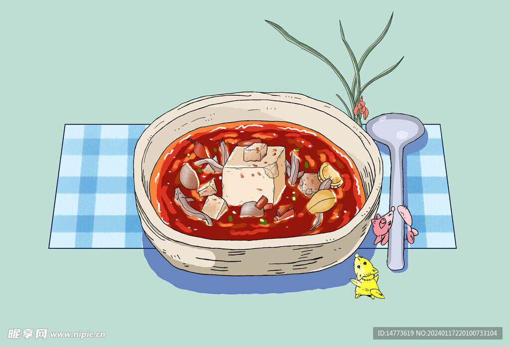 插画美食酸辣蘑菇豆腐汤