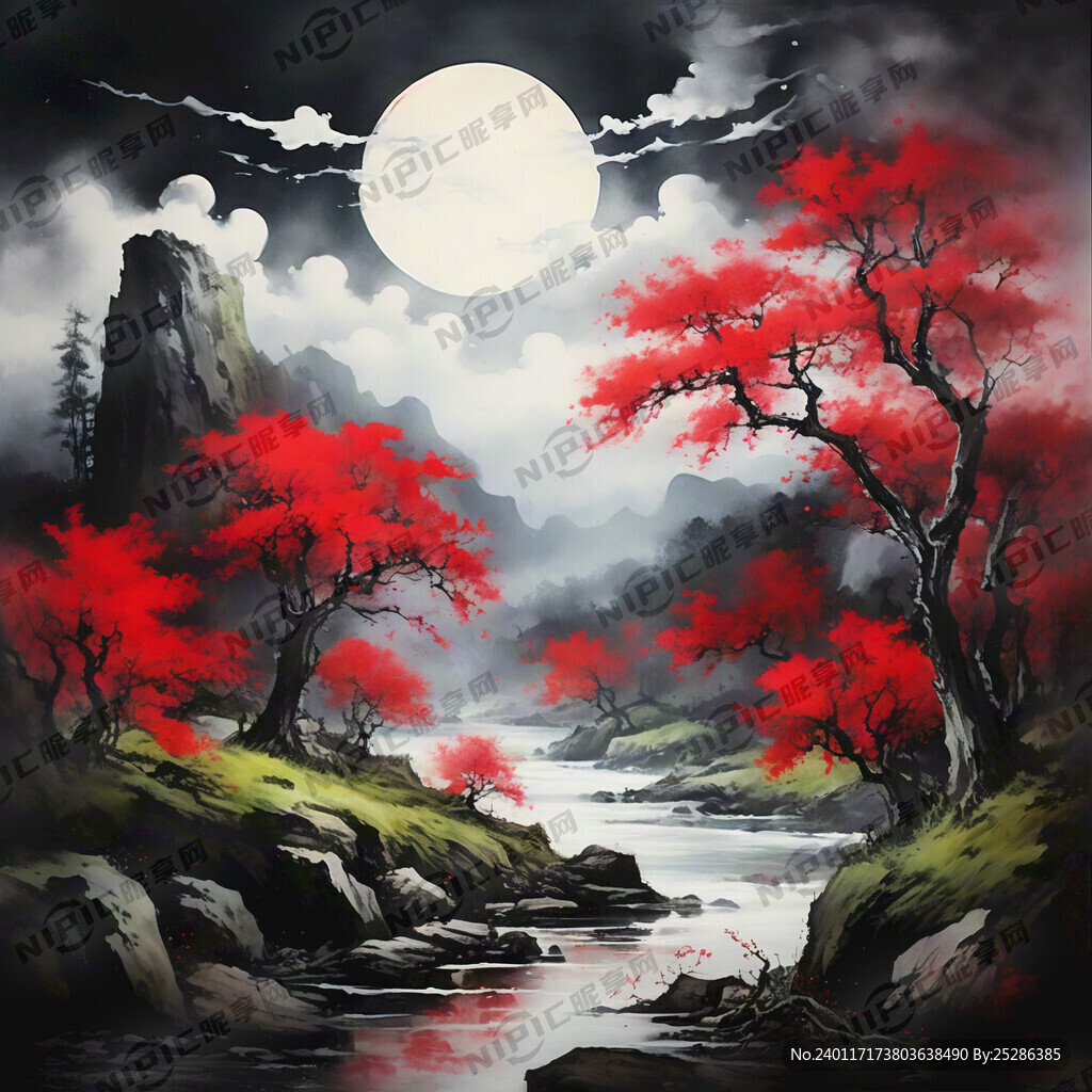 中堂红色山水画