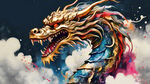 金色龙 横版 水墨背景 彩色 生动 逼真 有云朵