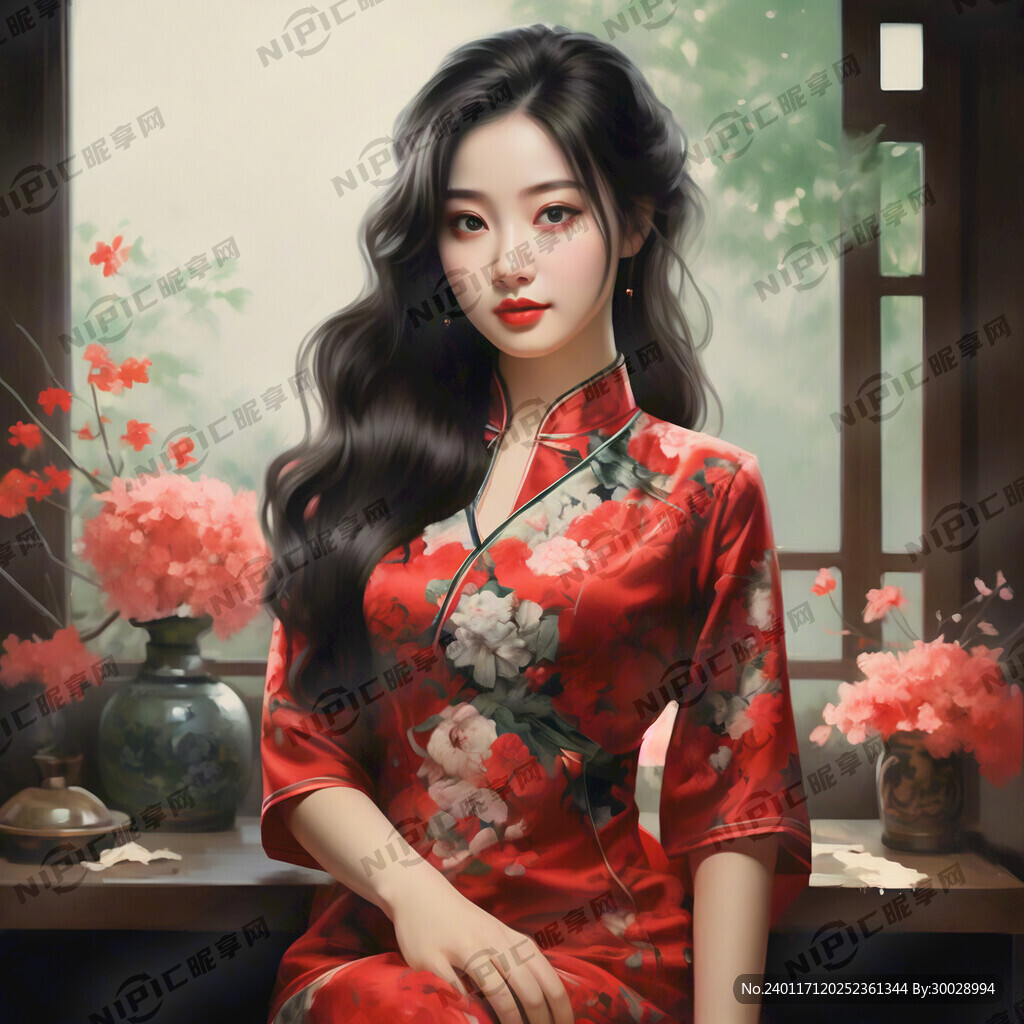 穿红色旗袍的美女全身照