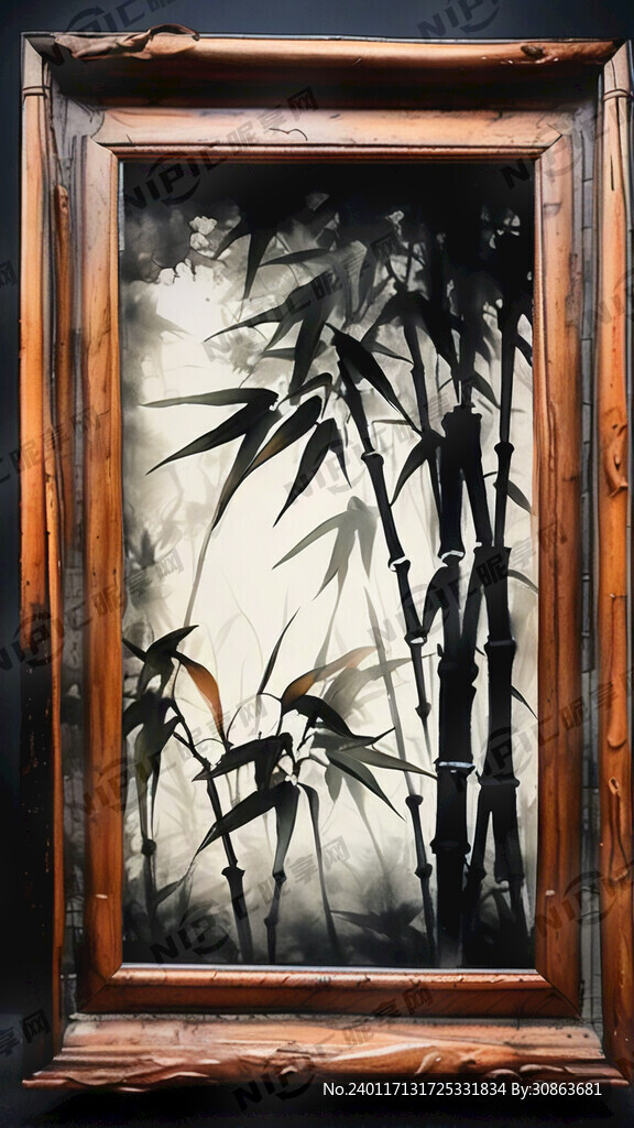 画面仅水墨竹 原木色细框