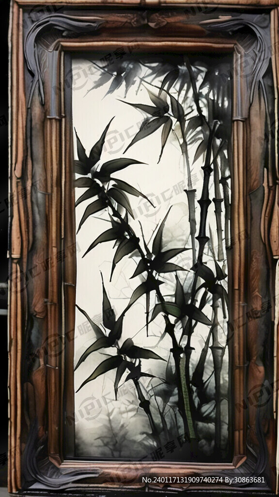 画面仅水墨竹 松木色细框 刺绣