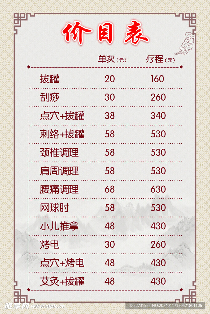价目表