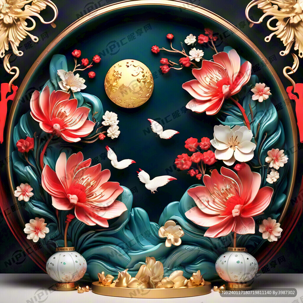 3D花团 金 红 祥瑞 新年