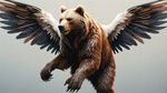 侧面熊，横向，背上长翅膀，会飞，左侧，凶狠，超写实