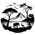 非洲动物与山树线条草图