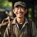 微笑着扛着锄头的亚洲农民老头