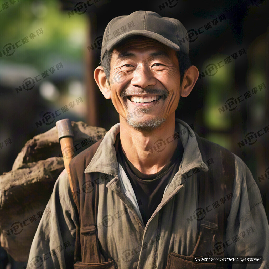 微笑着扛着锄头的亚洲农民老头