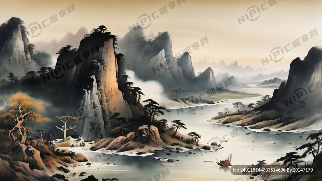 浅咖色的千里江山图工笔画