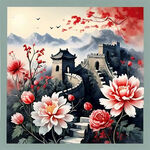 画面中只有长城和花朵两种图案，颜色不超过6种，中国红占主体，体现中华民族的伟大复兴这个主题