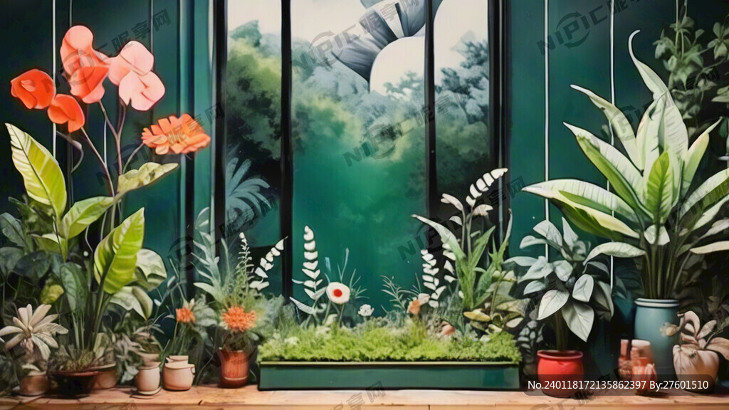 手绘绿色花草树木前景