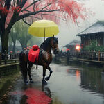 春雨，烟雨迷矇，小桥，红纸伞，马