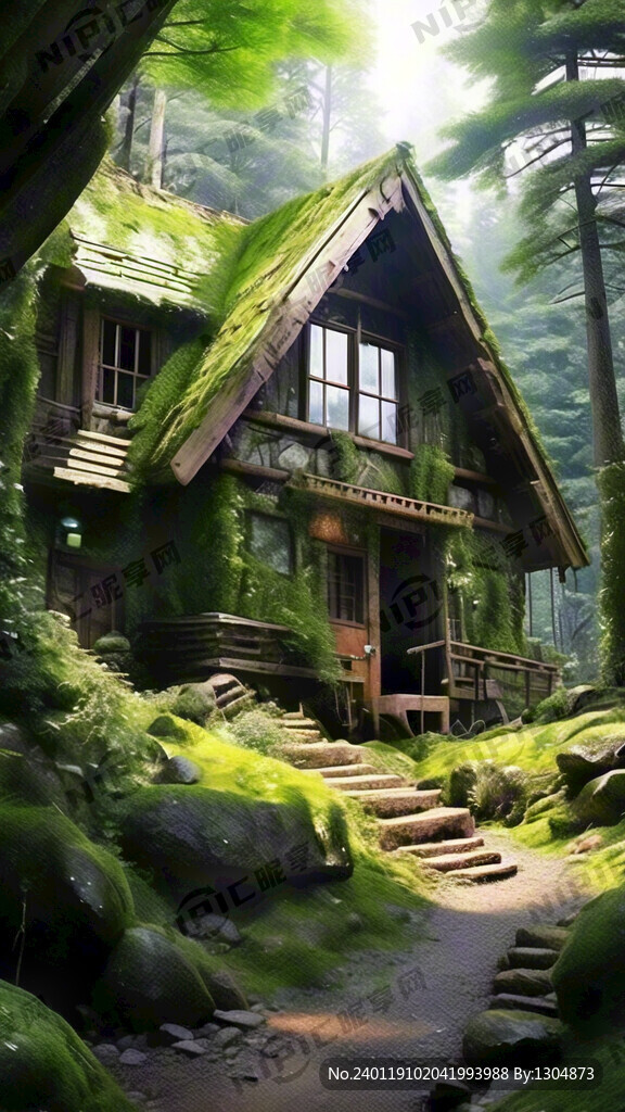 深山 绿色森林 小屋