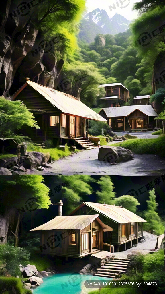 绿色深山里座落几间小屋