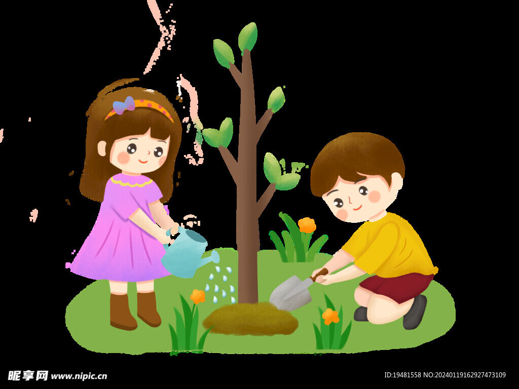 小女孩小男孩浇树免抠素材