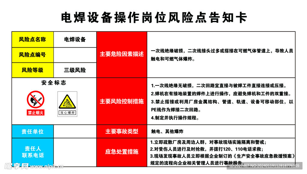 电焊设备操作危险风险点告知卡