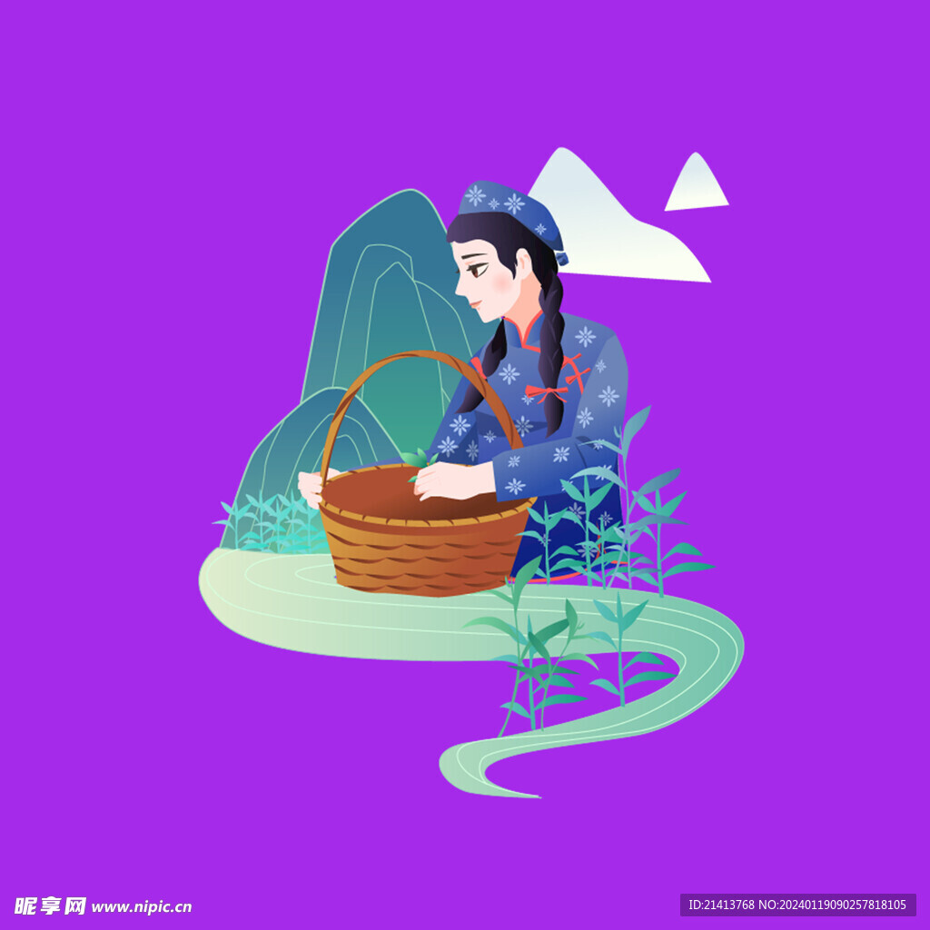 手绘采茶女 