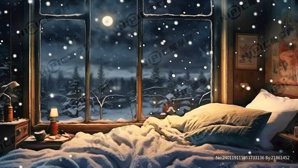 雪夜 窗边 床