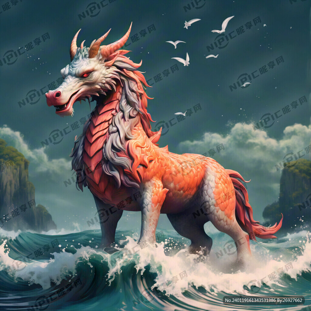 独角水麒麟站在海浪上后面上参天