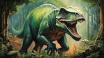 一幅长宽比10比1的侏罗纪风格画，色调以绿色为主