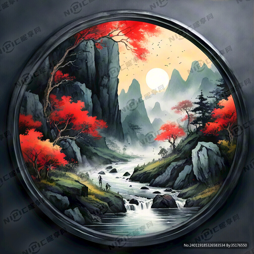 写意山水画 国画 水墨 河流 